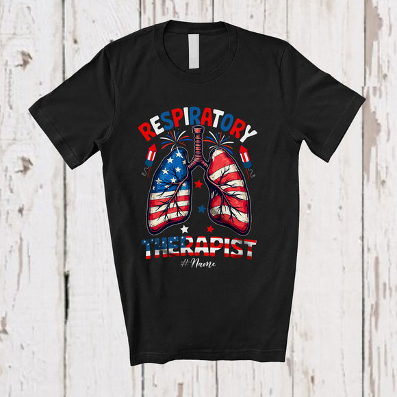 MacnyStore - Personalized Custom Name Respiratory Therapist; Cheerful 4th of July America Flag Lungs T-Shirt
