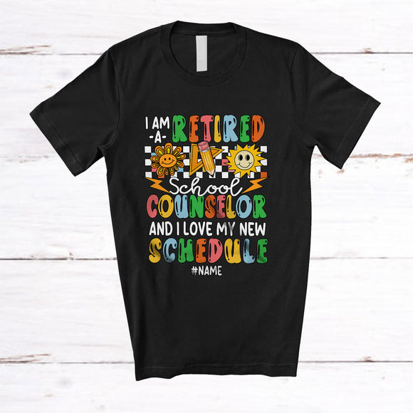 MacnyStore - Personalized Custom Name Retired School Counselor New Schedule; Joyful Mother's Day Retirement T-Shirt