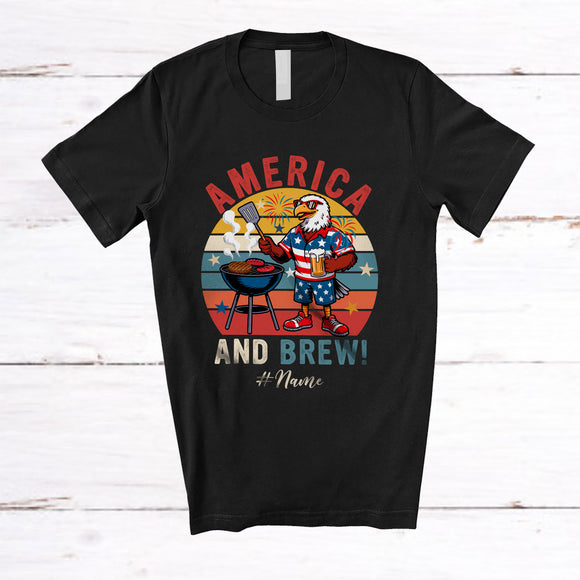 MacnyStore - Personalized Custom Name Retro American And Brew; Proud 4th Of July Eagle Beer BBQ T-Shirt