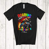 MacnyStore - Personalized Custom Name Roaring Into Kindergarten; Joyful Back To School T-Rex On Monster Truck T-Shirt