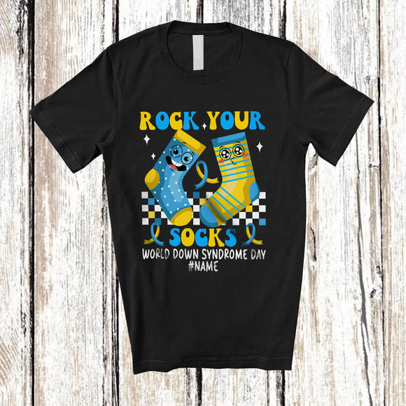 MacnyStore - Personalized Custom Name Rock Your Socks; Lovely World Down Syndrome Blue Yellow Ribbon T-Shirt