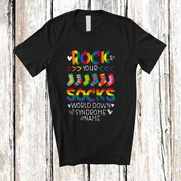 MacnyStore - Personalized Custom Name Rock Your Socks; Lovely World Down Syndrome Rainbow Ribbon T-Shirt