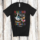 MacnyStore - Personalized Custom Name Rolling Into Kindergarten; Humorous First Day Of School Goose Skating T-Shirt