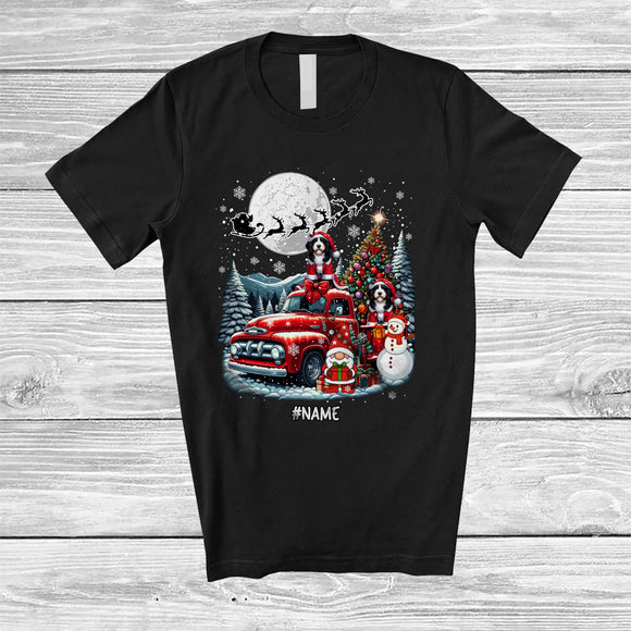 MacnyStore - Personalized Custom Name Santa Bernedoodles On Pickup Truck; Joyful X-mas Tree Winter Landscape T-Shirt