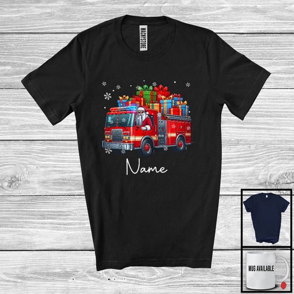 MacnyStore - Personalized Custom Name Santa Driving Fire Truck, Cheerful Christmas Driver Santa X-mas Team T-Shirt