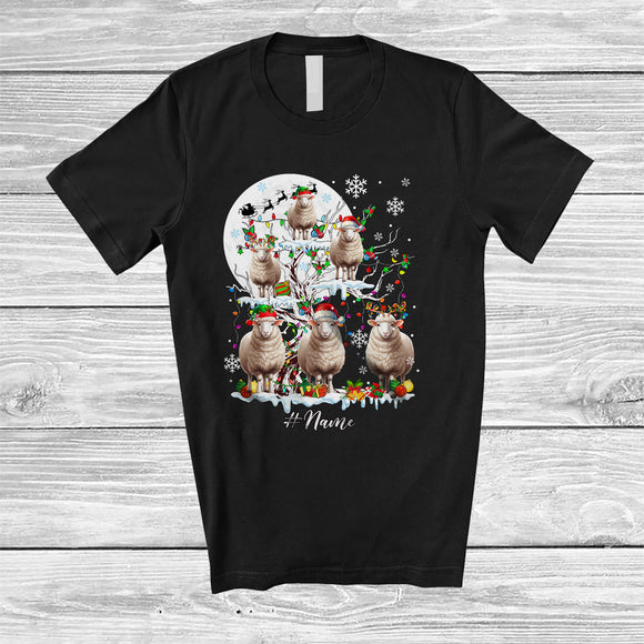 MacnyStore - Personalized Custom Name Santa Elf Sheep On Christmas Tree; Joyful Moon Animal; Farmer Family T-Shirt