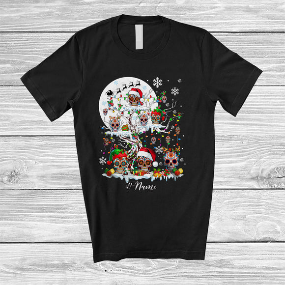 MacnyStore - Personalized Custom Name Santa Elf Sugar Skull On Christmas Tree; Joyful Moon Snow; Family T-Shirt