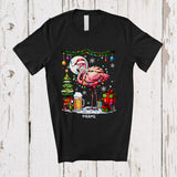 MacnyStore - Personalized Custom Name Santa Flamingo Drinking Beer; Amusing Christmas Lights Snow Drunker T-Shirt