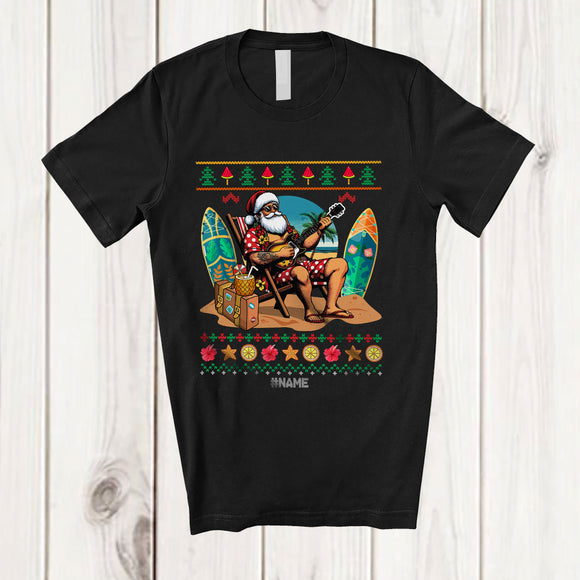 MacnyStore - Personalized Custom Name Santa Hawaiian Play Guitar; Joyful Christmas In July Sweater Family T-Shirt