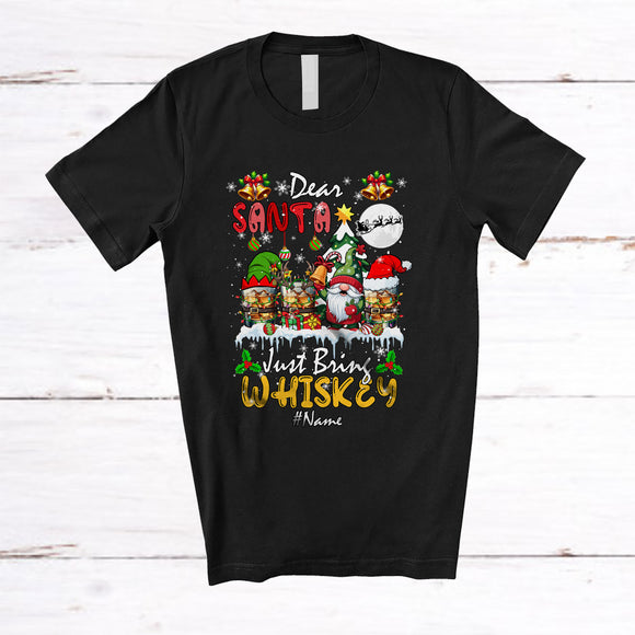 MacnyStore - Personalized Custom Name Santa Just Bring Whiskey; Joyful Christmas Drinking Three Whiskey Glasses T-Shirt