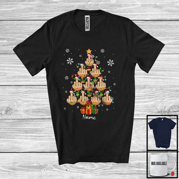 MacnyStore - Personalized Custom Name Santa Middle Finger X-mas Tree; Sarcastic Anti Christmas Lights Snow T-Shirt
