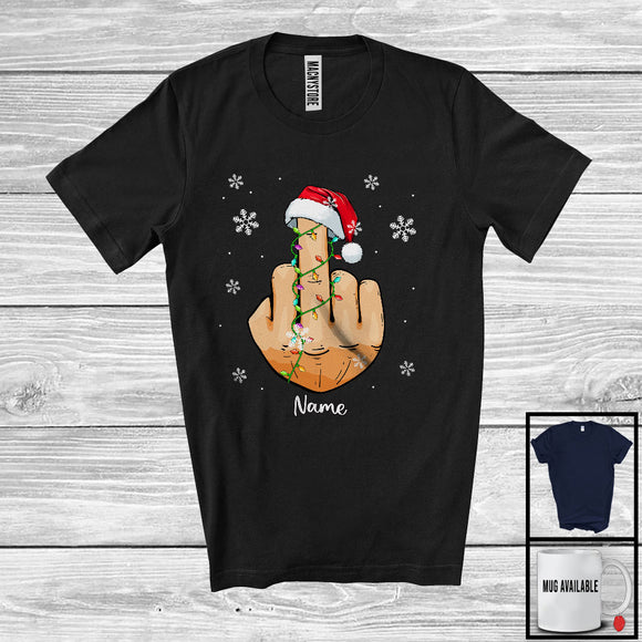 MacnyStore - Personalized Custom Name Santa Middle Finger; Sarcastic Anti Christmas Lights Snowing T-Shirt