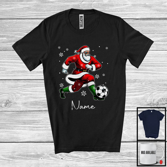 MacnyStore - Personalized Custom Name Santa Playing Soccer, Joyful Christmas Sport Player, X-mas Team T-Shirt