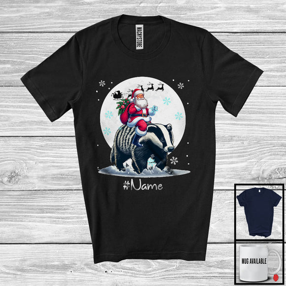 MacnyStore - Personalized Custom Name Santa Riding Badger, Merry Christmas Moon Snow Badger, X-mas T-Shirt