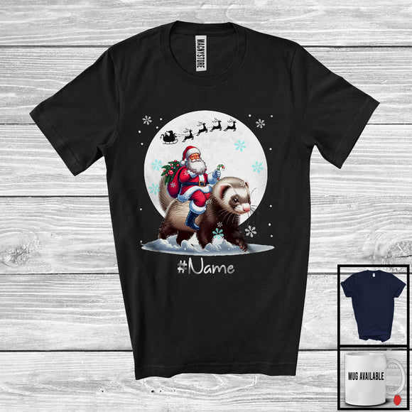 MacnyStore - Personalized Custom Name Santa Riding Ferret, Merry Christmas Moon Snow Ferret, X-mas Team T-Shirt