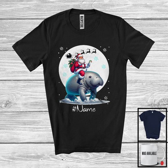 MacnyStore - Personalized Custom Name Santa Riding Manatee, Merry Christmas Moon Snow Manatee, X-mas T-Shirt