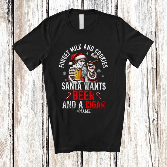 MacnyStore - Personalized Custom Name Santa Wants Beer and Cigar; Joyful Christmas Drinking Smoking T-Shirt