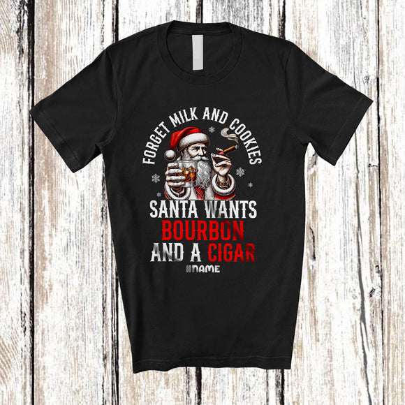 MacnyStore - Personalized Custom Name Santa Wants Bourbon and Cigar; Joyful Christmas Drinking Smoking T-Shirt