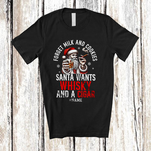 MacnyStore - Personalized Custom Name Santa Wants Whisky and Cigar; Joyful Christmas Drinking Smoking T-Shirt
