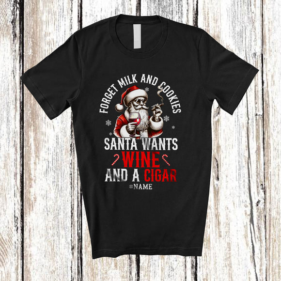 MacnyStore - Personalized Custom Name Santa Wants Wine and Cigar; Joyful Christmas Drinking Smoking T-Shirt