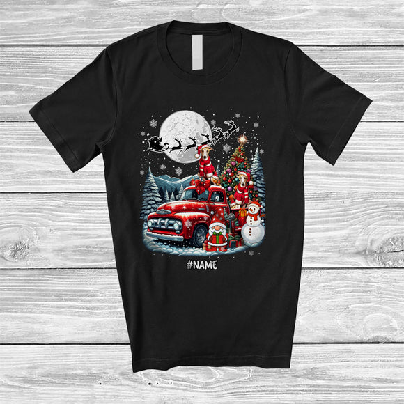 MacnyStore - Personalized Custom Name Santa Whippet On Pickup Truck; Joyful X-mas Tree Winter Landscape T-Shirt