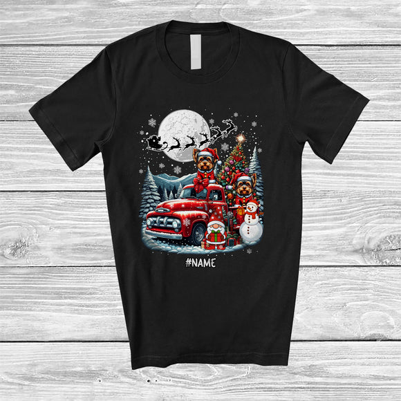 MacnyStore - Personalized Custom Name Santa Yorkshire Terrier On Pickup Truck; Joyful X-mas Tree Family T-Shirt