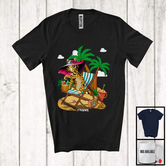 MacnyStore - Personalized Custom Name Savannah Cat On Beach, Lovely Summer Vacation Kitten Palm Tree T-Shirt