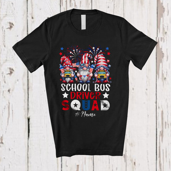 MacnyStore - Personalized Custom Name School Bus Driver Squad; Adorable 4th Of July Three Patriotic Gnomes T-Shirt