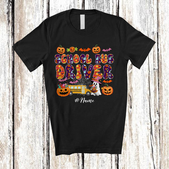 MacnyStore - Personalized Custom Name School Bus Driver; Humorous Halloween Cosplay Boo Ghost Pumpkin T-Shirt