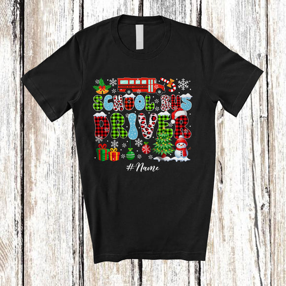 MacnyStore - Personalized Custom Name School Bus Driver; Joyful Christmas Cosplay Snowing Leopard Plaid T-Shirt