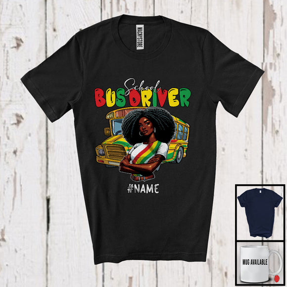 MacnyStore - Personalized Custom Name School Bus Driver, Proud Juneteenth Afro Girl Women, Black African American T-Shirt