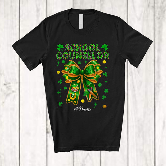 MacnyStore - Personalized Custom Name School Counselor; Lovely St. Patrick's Day Bow Tie Leprechaun; Shamrock T-Shirt