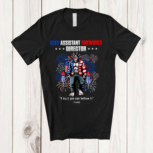 MacnyStore - Personalized Custom Name Sexy Assistant Fireworks Director; Amusing 4th Of July Bigfoot Patriotic T-Shirt