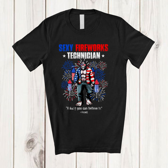MacnyStore - Personalized Custom Name Sexy Fireworks Technician; Amusing 4th Of July Bigfoot Patriotic T-Shirt