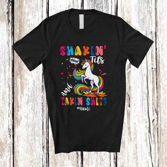 MacnyStore - Personalized Custom Name Shakin' Tits and Takin Shits; Sarcastic Unicorn Adult Humor T-Shirt