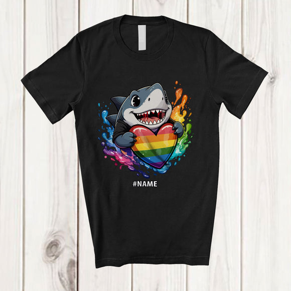 MacnyStore - Personalized Custom Name Shark Rainbow Heart Progressive; Lovely LGBTQ Pride Shark T-Shirt