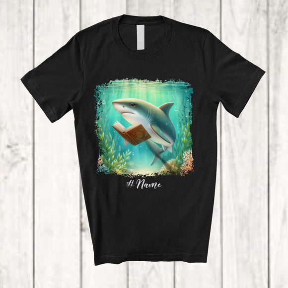 MacnyStore - Personalized Custom Name Shark Reading Book; Lovely Teacher Librarian Book Nerd; Sea Animal T-Shirt