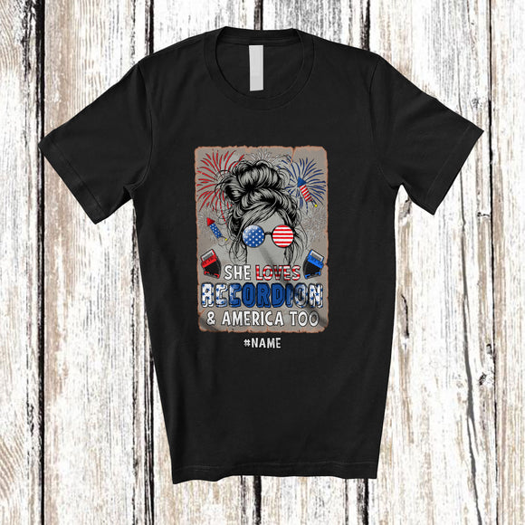 MacnyStore - Personalized Custom Name She Loves Accordion And America; Proud 4th Of July Messy Bun Hair T-Shirt