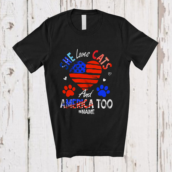 MacnyStore - Personalized Custom Name She Loves Cats and America Too; Lovely 4th Of July US Flag Heart T-Shirt