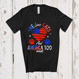 MacnyStore - Personalized Custom Name She Loves Cats and America Too; Lovely 4th Of July US Flag Heart T-Shirt