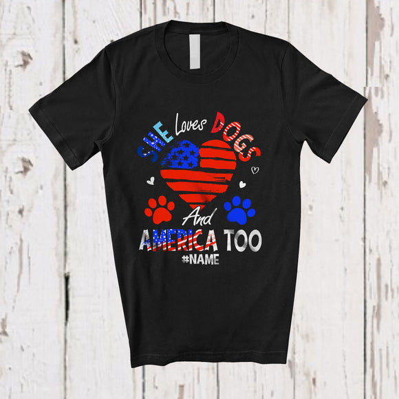 MacnyStore - Personalized Custom Name She Loves Dogs and America Too; Lovely 4th Of July US Flag Heart T-Shirt