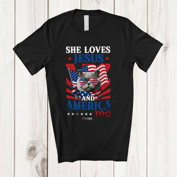 MacnyStore - Personalized Custom Name She Loves Jesus America Too; Proud 4th Of July Cat; Patriotic T-Shirt