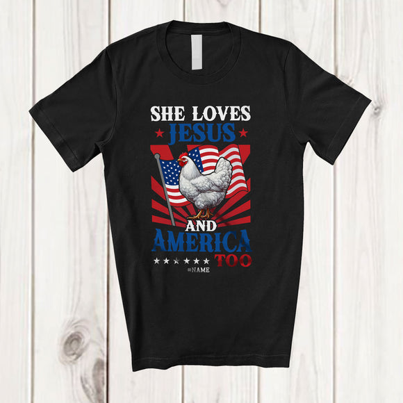 MacnyStore - Personalized Custom Name She Loves Jesus America Too; Proud 4th Of July Chicken; Patriotic T-Shirt
