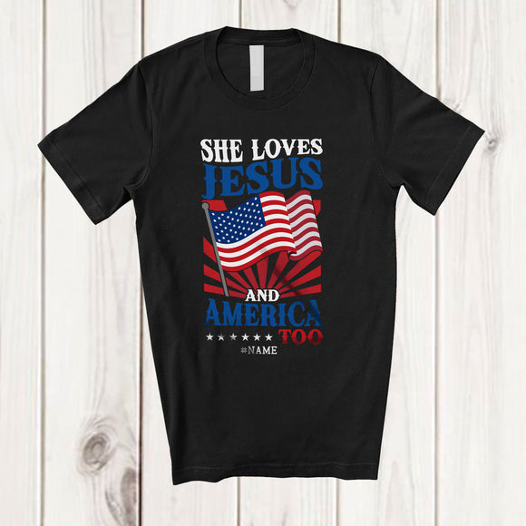 MacnyStore - Personalized Custom Name She Loves Jesus America Too; Proud 4th Of July US Flag; Patriotic T-Shirt
