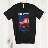MacnyStore - Personalized Custom Name She Loves Jesus America Too; Proud 4th Of July US Flag; Patriotic T-Shirt