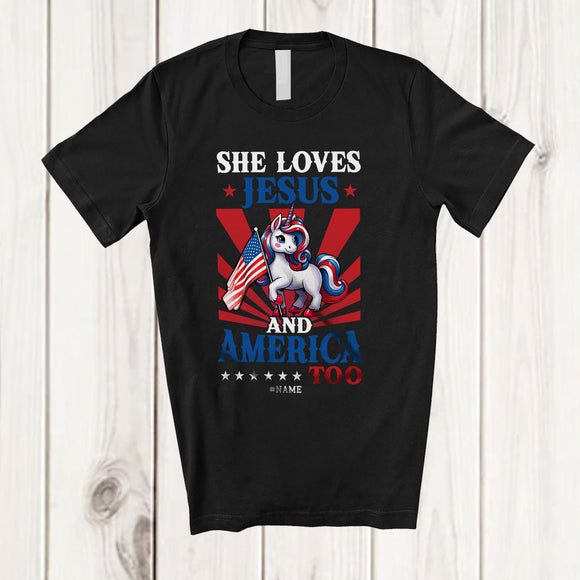 MacnyStore - Personalized Custom Name She Loves Jesus America Too; Proud 4th Of July Unicorn; Patriotic T-Shirt