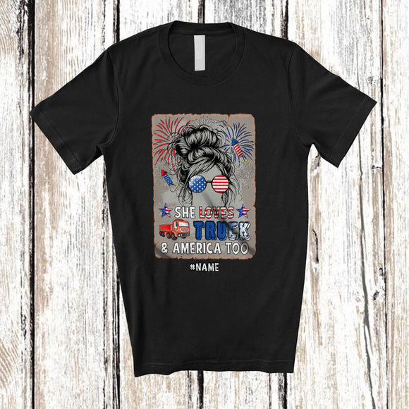 MacnyStore - Personalized Custom Name She Loves Truck And America; Proud 4th Of July Messy Bun Hair T-Shirt