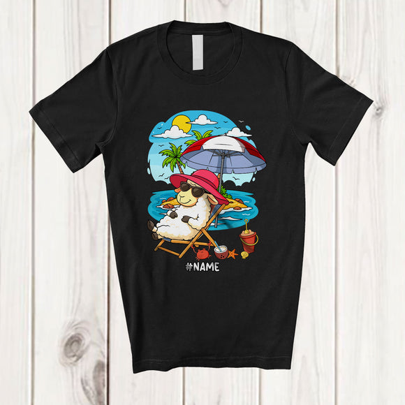 MacnyStore - Personalized Custom Name Sheep On Beach; Lovely Summer Vacation Palm Tree; Hawaiian Family T-Shirt
