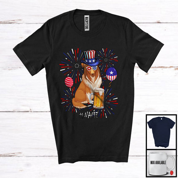 MacnyStore - Personalized Custom Name Sheltie Drinking Beer, Lovely 4th Of July Fireworks, Patriotic T-Shirt