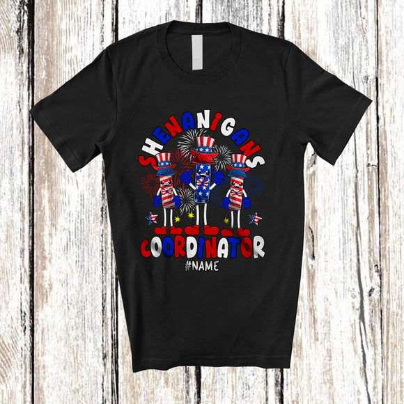 MacnyStore - Personalized Custom Name Shenanigans Coordinator; Proud 4th Of July Three Firecrackers Fireworks T-Shirt